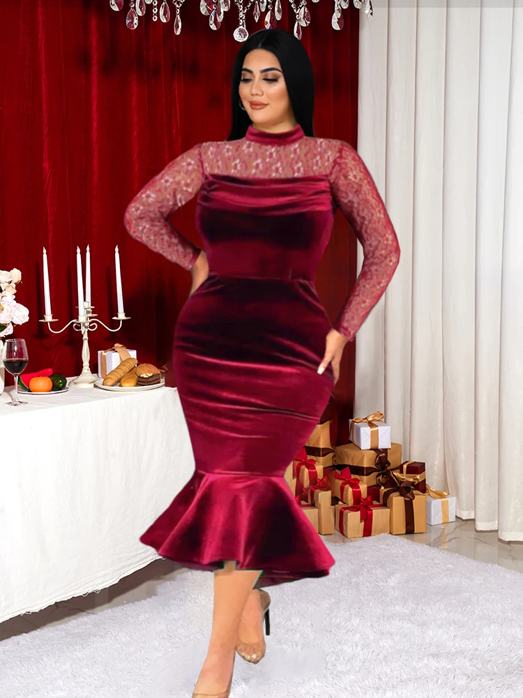 Plus Size Christmas Dress Women Patchwork Burgundy Lace Sleeve Robes Velvet Package Hip Ruffles Mermaid Events Evening Gowns