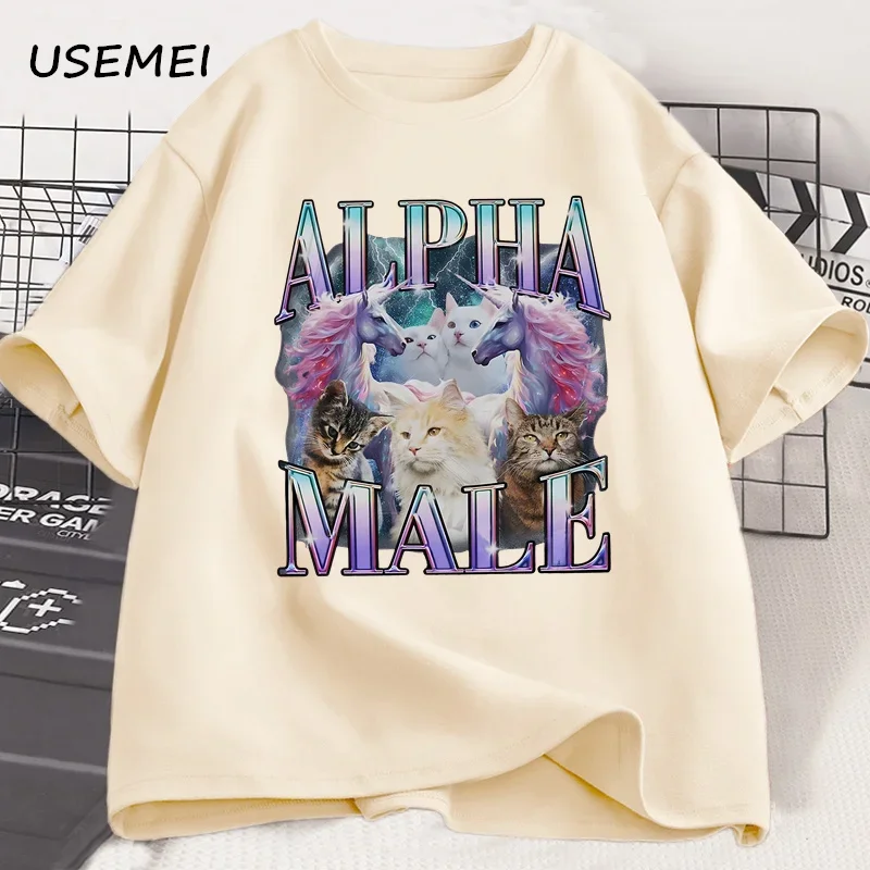 Фото Альфа Мужская футболка с единорогом и котом Мужская футболка Ironic 90-х годов Винтажная забавная футболка с радужным мемом Футболка с странным котом Повседневная хлопковая одежда №1