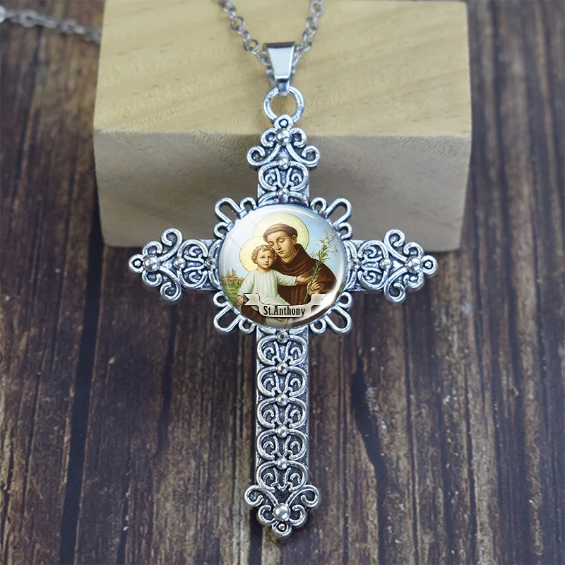 

Crucifix Pendant Necklace Jesus Christ Glass Cabochon Cross Jewelry 12 Saint ST Therese Saint Michael Crosses Christian Decor