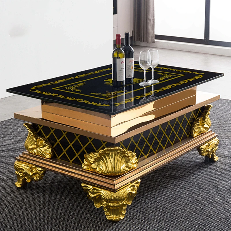 

KTV tea table bar box nightclub club booth sofa glass rose gold resin carved tea table