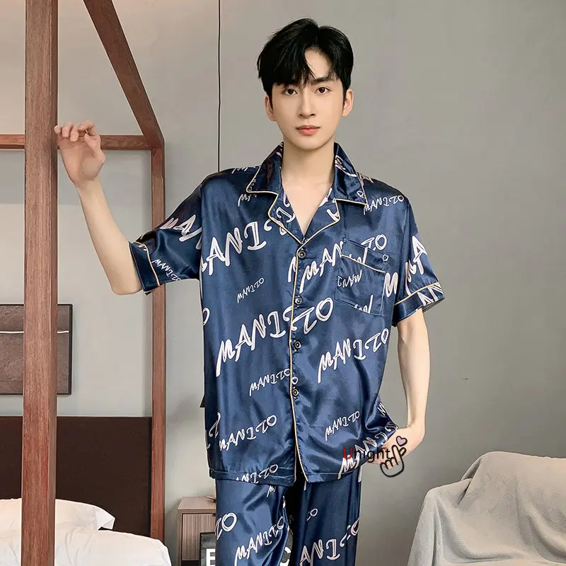 Spring Summer Man Pajama Sets Silk Sleepwear Pajamas for Men Plus Size Home Clothing Pyjamas Suit Home Wear Loungewear Homesuits