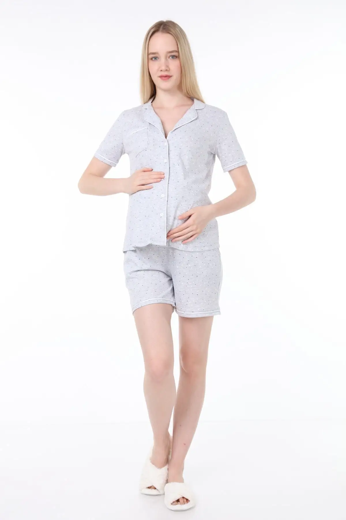 

Maternity Fashion Buttoned Piping Maternity Shorts Pajamas Set