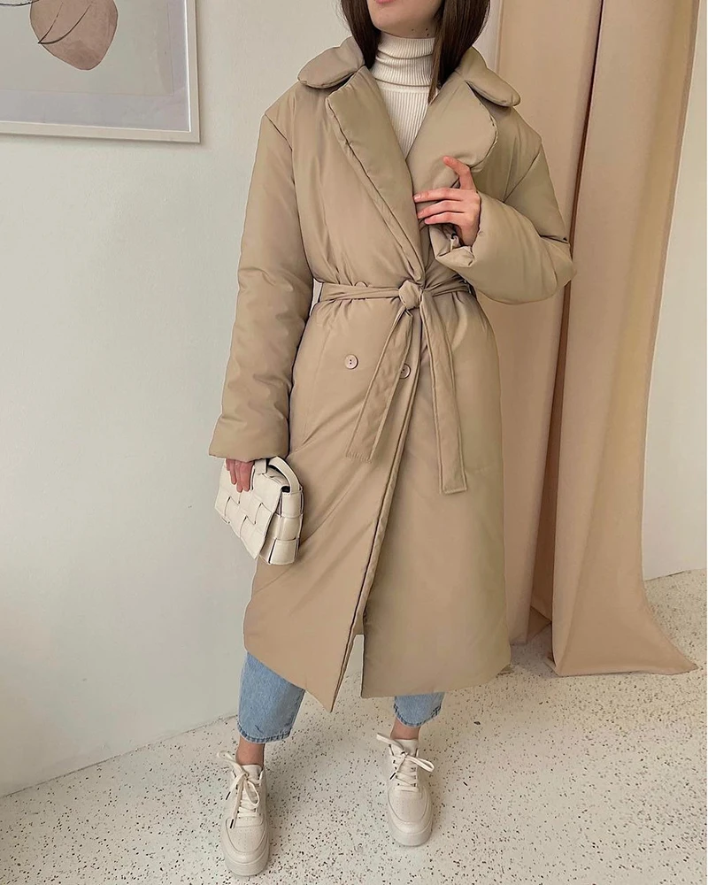 ZELI 2022 Winter Thicked Cotton Padded Parkas Women Belted Windproof Long Jackets Female Bubble Coats Casual Warm Outerwear