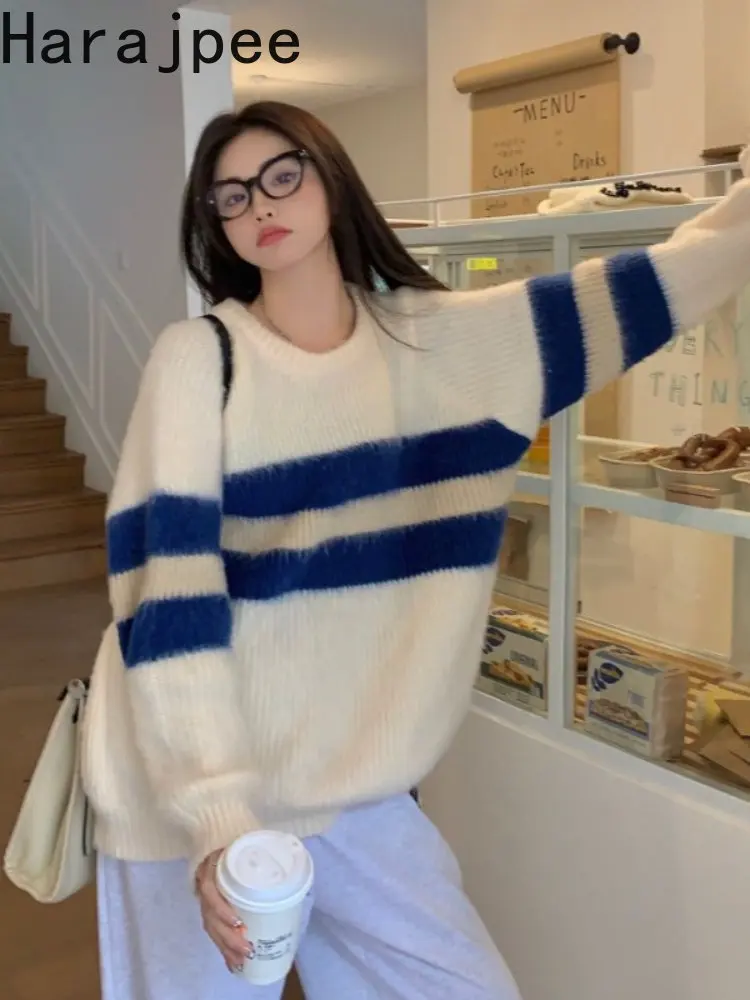 

Пуловер женский трикотажный в полоску, с круглым вырезом и длинным рукавом