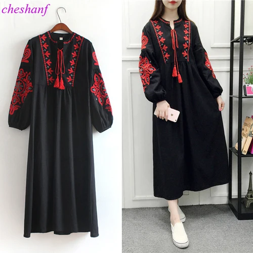 Cheshanf Floral Embroidered Ethnic Dress Cotton Linen Lantern Long Sleeve Maxi Dress Black Blue White Loose Long Dress Women