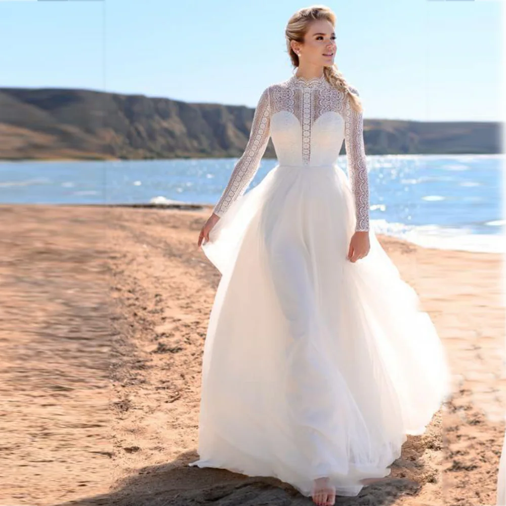 

Bohemian Cut Out Wedding Dresses 2022 High Neck Long Sleeves Tulle Dress Beach Lace Illusion Back Floor Length Ivory Bridal Gown