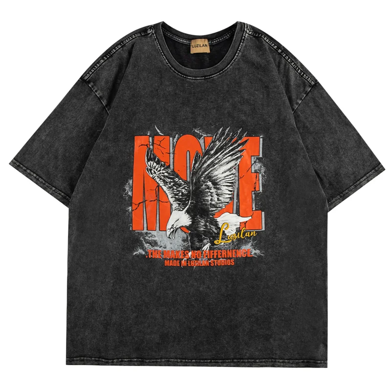 

2022 Мужская футболка большого размера в стиле хип-хоп, уличная футболка с буквенным принтом «Орел», винтажные потертые топы, Летние повседне...