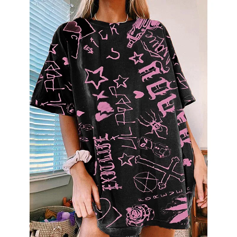 

Pink Letter Geometric Print Vintage Black Oversized Graphic Tees Women Fashion Tops T Shirt Casual Streetwear Summer Plus Size