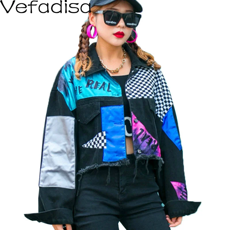 

Vefadisa Black Women Patchwork Denim Coat 2023 Spring Vintage Spliced Denim Jacket Short Batwing Sleeve Irregular Coat QYF4803