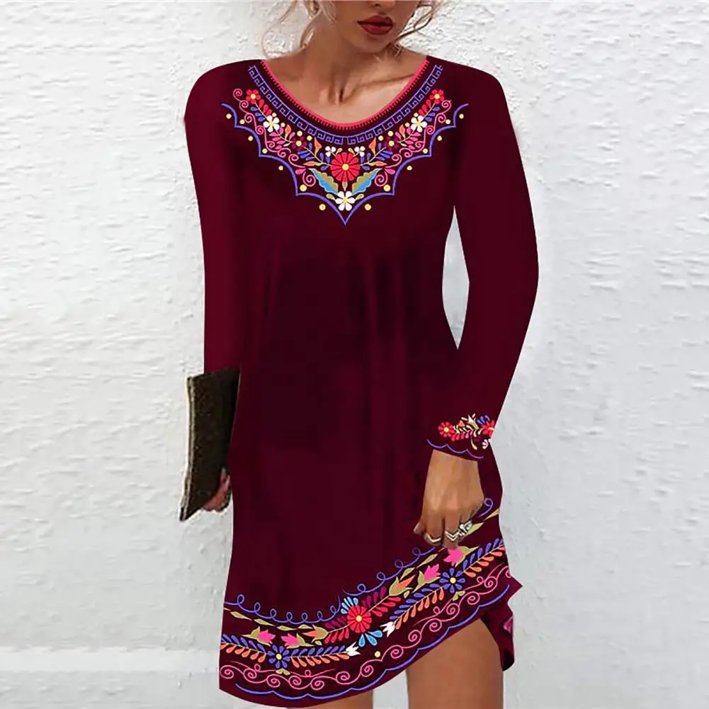 

O-neck Long Sleeve Waist Tight A-Line Autumn Dress Lady Retro Embroidered Flower Print Casual Dress Streetwear