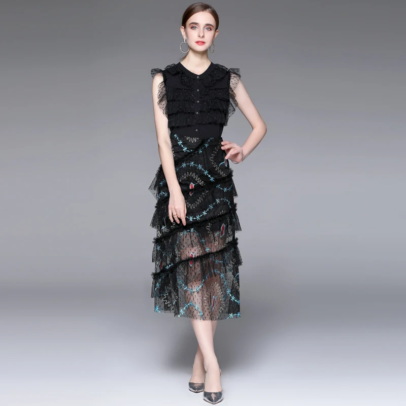 Женский костюм с вышивкой WTIANYUW летний комплект из 2 предметов черный топ без