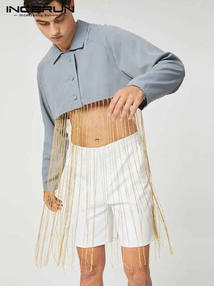 

Модный мужской блейзер в стиле пэчворк с лацканами и кисточками, уличная одежда с длинным рукавом, короткие пальто на пуговицах, 2022 индивиду...