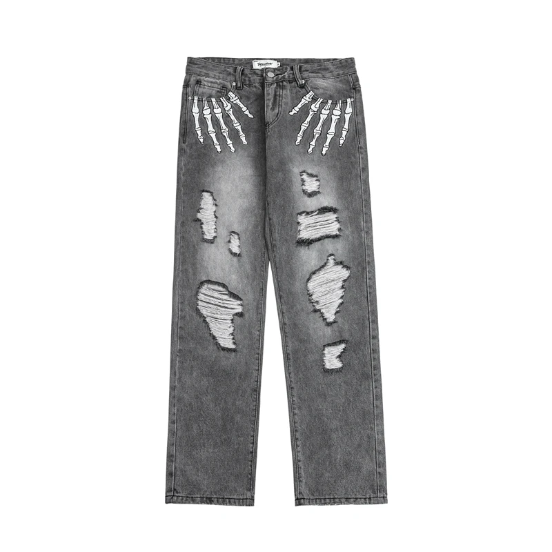 

Retro Skull Finger Ripped Letter Embroidery Hole Denim Pants Mens High Street Washed Frayed Casual Baggy Jeans Trousers