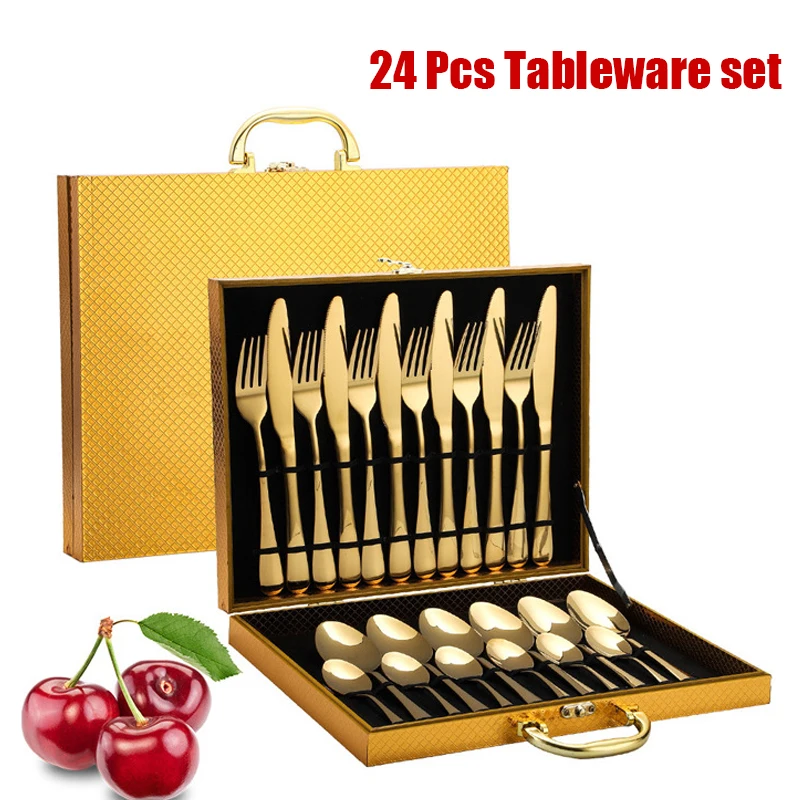 

24pcs Stainless Steel Western Tableware Household Knife, Fork, Spoon,Tea Spoon Cutlery Set Kitchen Dinnerware Gift