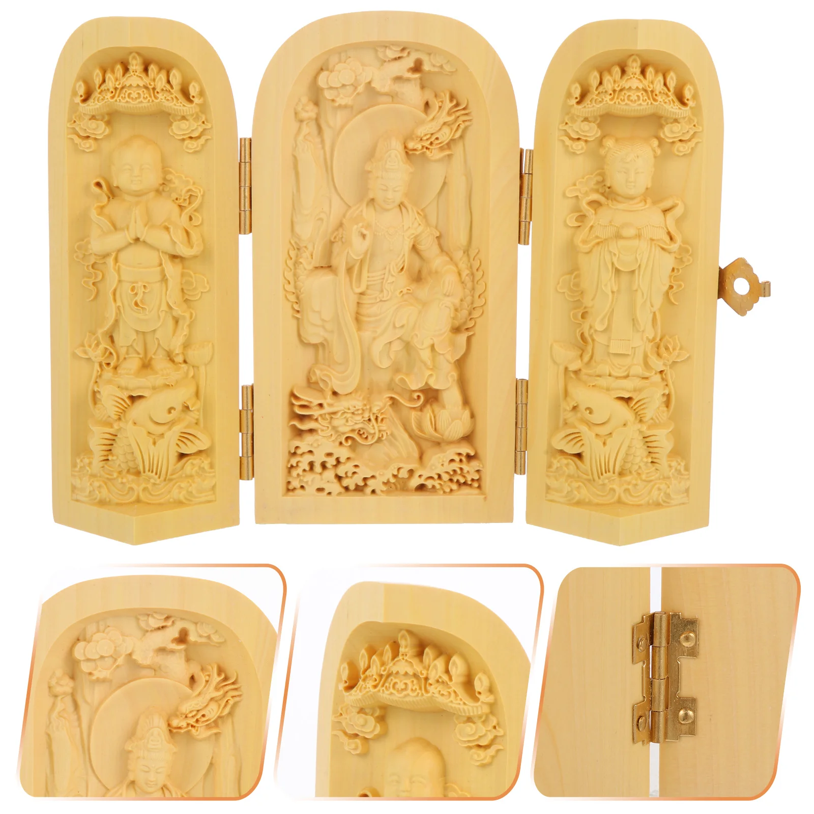 

Statues Wooden Box Guanyin Figurines Statue Carving Sculpture Open Boxwood Buddism Godness Ornament Wood Crafts Figurine