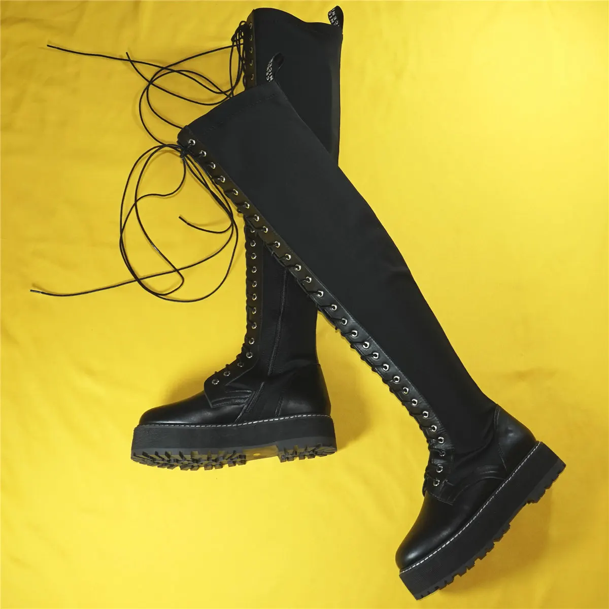 Chunky Platform Pumps Women Lace Up Stretch Fabric Over The Knee Thigh High Boots Female Round Toe Fashion Sneakers Casual Shoes