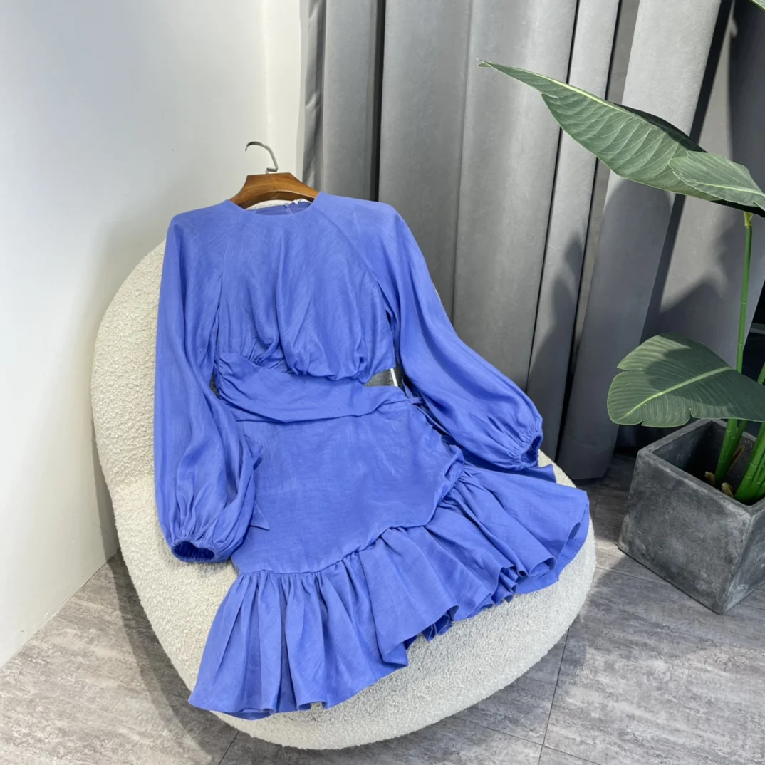

Latest 2022 Autumn Collection Top Quality Holiday Solid Blue White Linen Frill Ruffle High-low Hem Self Tie Wrap Mini Dress Lady