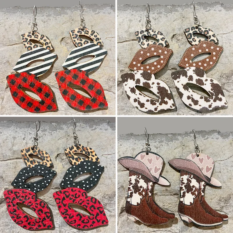 Valentine's Day Earrings Red Check Leopard Print Lip Contrast Western Denim Boots Leopard Print Earrings for Women Jewelry