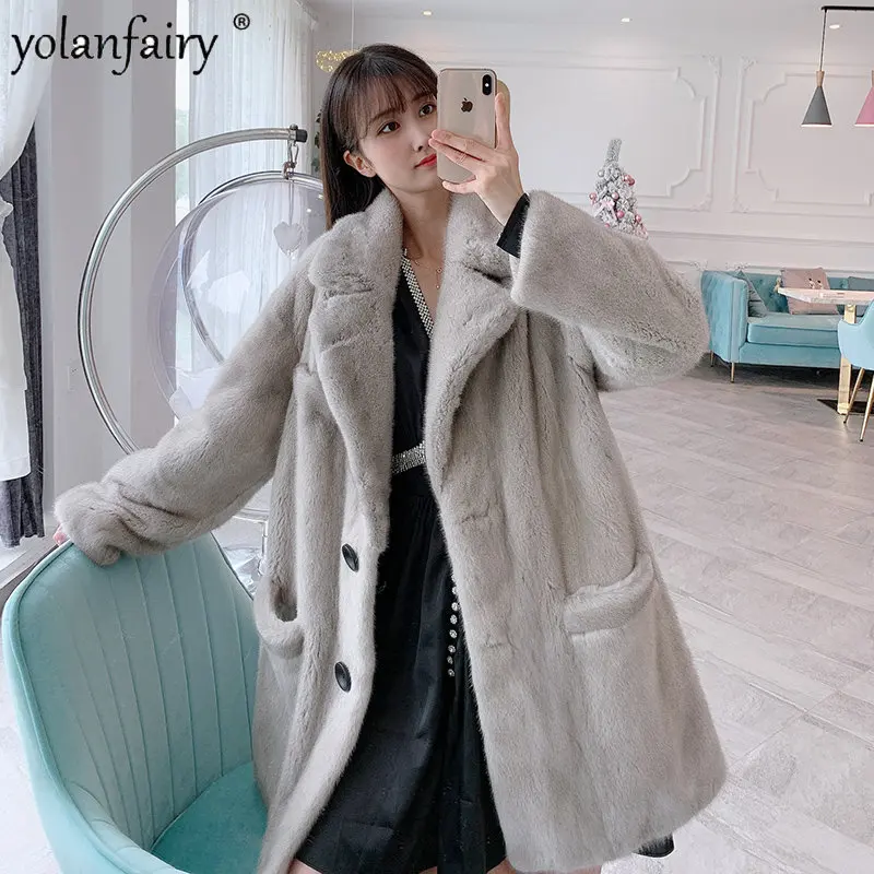

Шуба из натурального меха норки, Женская длинная шуба средней длины из чистой цельной норки, новая верхняя одежда на зиму 2023, элегантная Корейская шуба для женщин, куртка FCY
