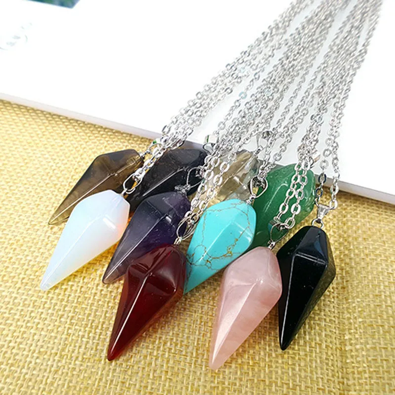 

Natural Gemstone Hexagonal Pendant Chain Necklace Taper Soul Swing Bullet Healing Crystal Necklace