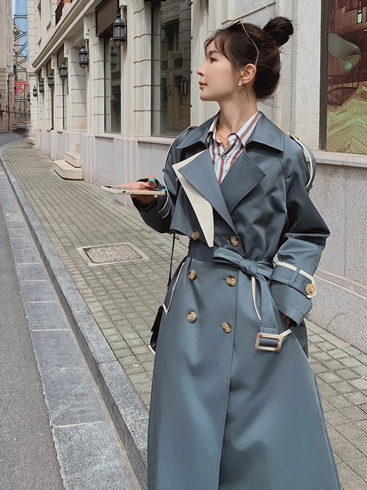 

LANMREM Long Trench Coat For Women 2022 Spring Autumn Lapel Double Breasted Belt Windbreaker Female Fashion Streetwear 2R1220