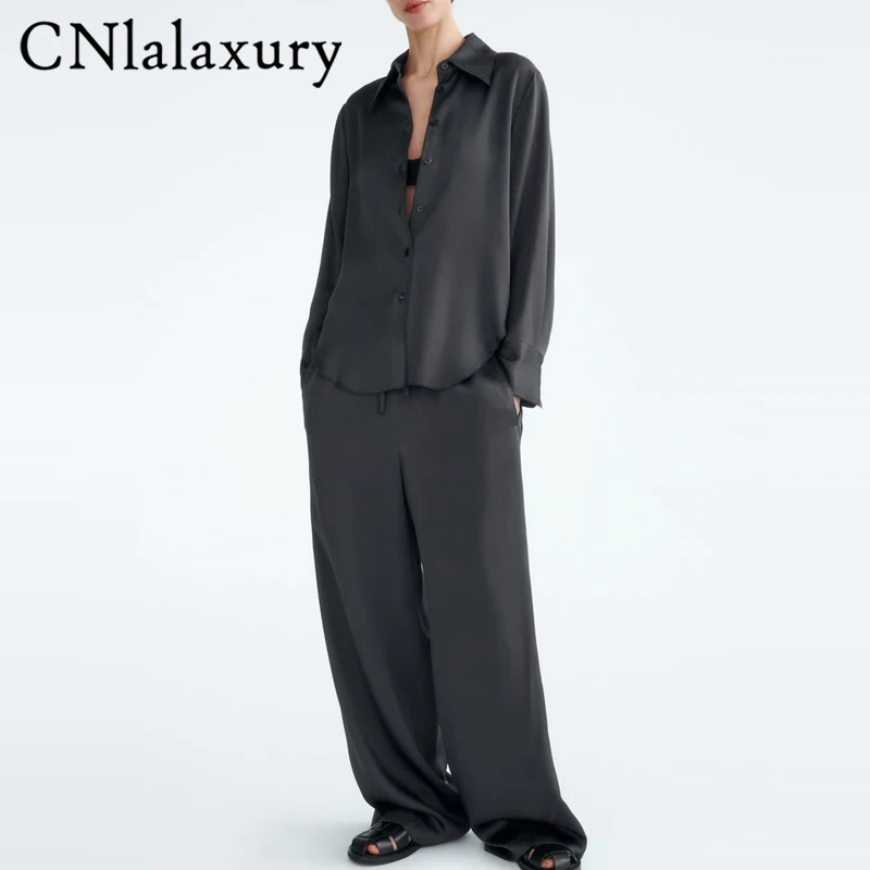 Черные Атласные Рубашки CNlalaxury женская Свободная рубашка на пуговицах летняя