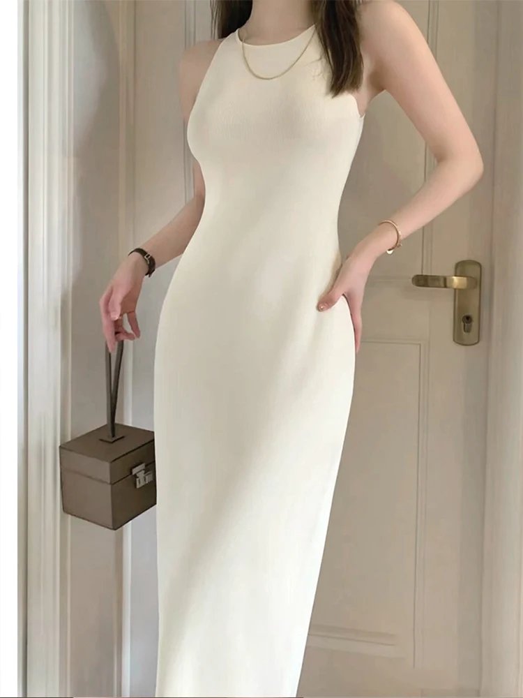 

2022 Spring And Summer Cos Style New Slim Fit Thin Ice Hemp Silk Bottomed Vest Dress Temperament Knitted Dress White Dress Women