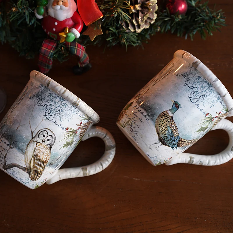 

Mori Christmas Style European Style Creative Relief Owl and Golden Chicken Pattern Ceramic Coffee Cup