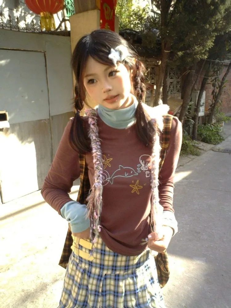 QWEEK Винтажная Футболка Y2k Kawaii Женская водолазка милые Мультяшные коричневые