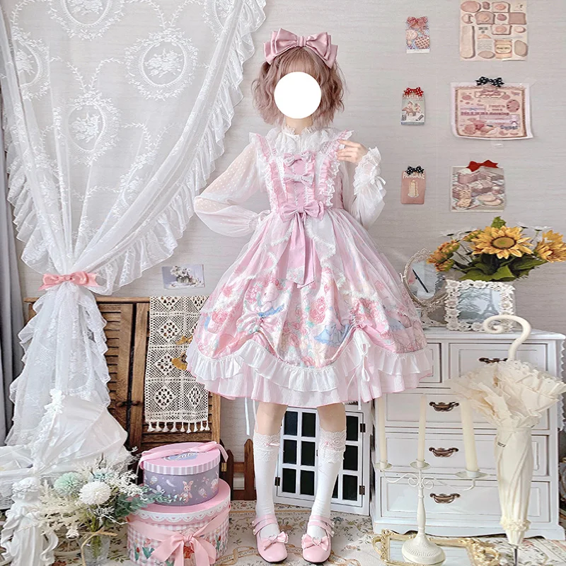 Женское платье без рукавов розовое миди на бретелях с бантом и принтом кролика