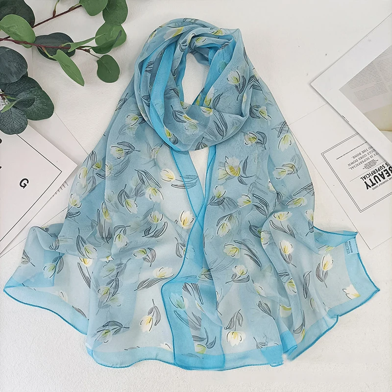 

Magnolia Flower Print Women Elegant Chiffon Georgette Bandana Scarf Summer Beach Sunscreen Thin Hijab Headband Shawl 160*50cm