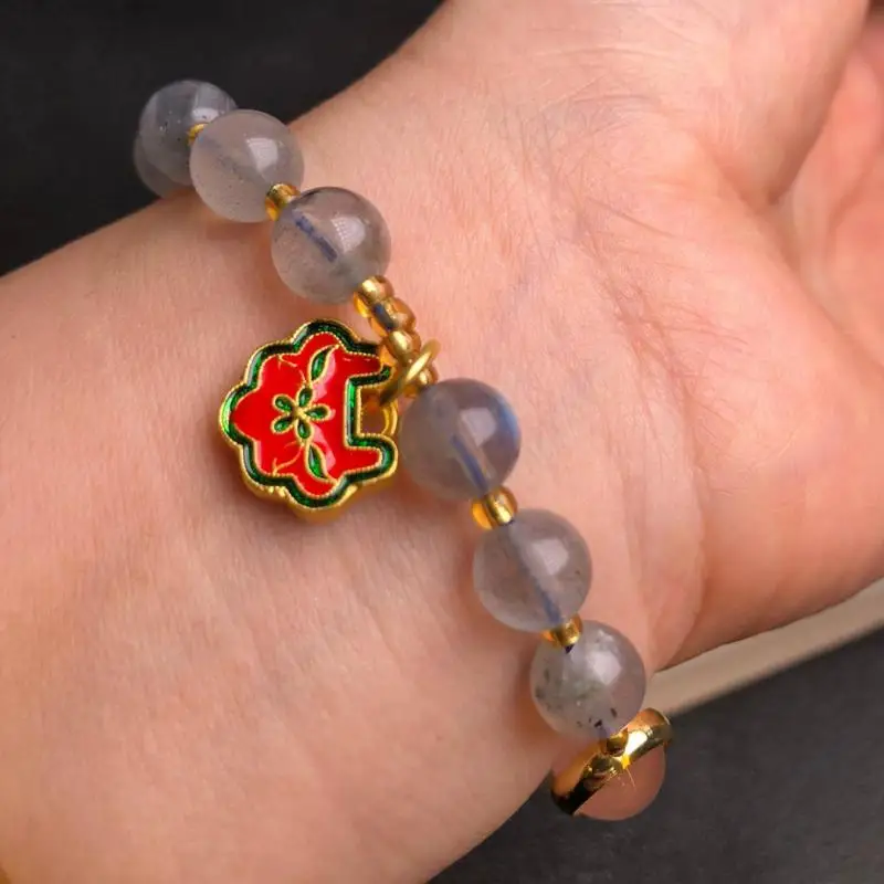 Женский браслет из натурального лунного камня эластичный с круглыми бусинами 9