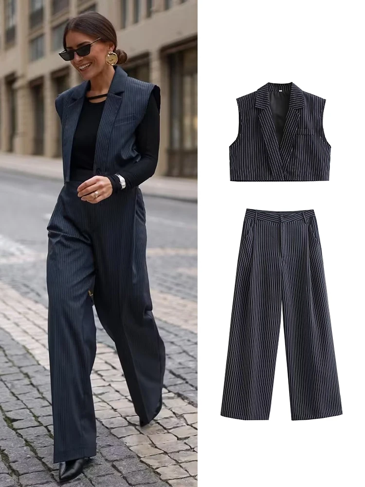 

Женские Брючные комплекты в полоску с высокой талией и широкими штанинами и свободным коротким жилетом, комплект из 2 предметов, Женская офи...