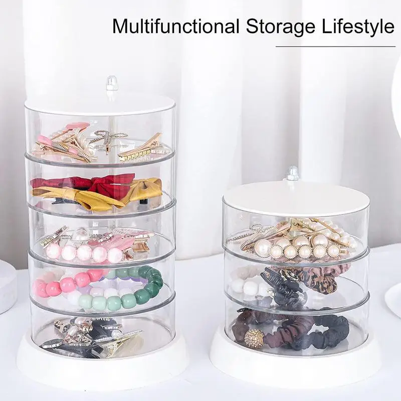 

Rotatable Jewelry Storage Box Cylindrical Transparent Display Tray With Lid Portable Rotating Makeup Necklace Bracelet