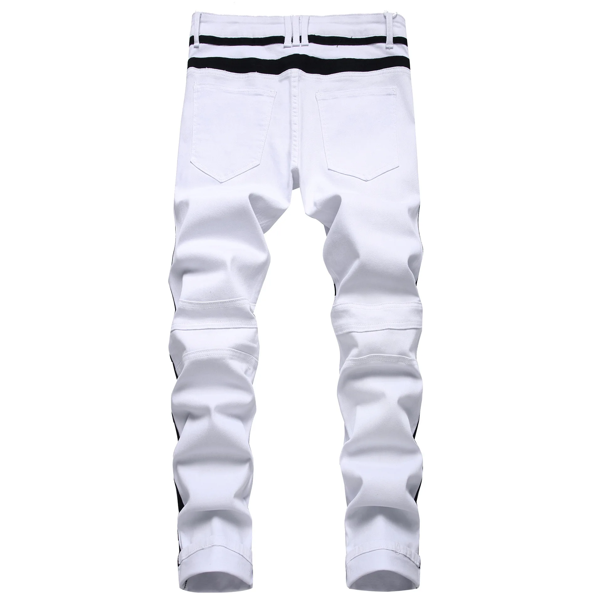 Ripped Jeans Mens Patchwork Pencil Pants White Skinny Jeans Zip Fly Mid Waist Denim Trousers for Men Stretch Hip Hop Jeans