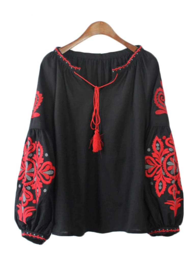 

Cheshanf Ethnic Embroidery Floral Blouse Ladies Long Sleeve Women Shirts Female 2022 Vintage Tassel Lace Up Collar Blusa Mujer