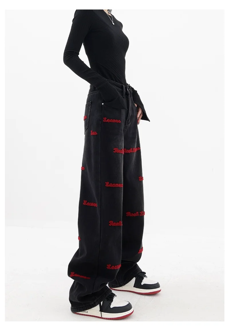2022 Trend Trousers Streetwear Letter Embroidery Jeans Woman High Waist Y2k Straight Baggy Pants Korean Fashion Women's Jeans