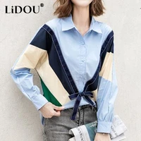 spring autumn new korean style polo neck fashion patchwork bow elegant shirt top women sweet long sleeve all match casual blouse