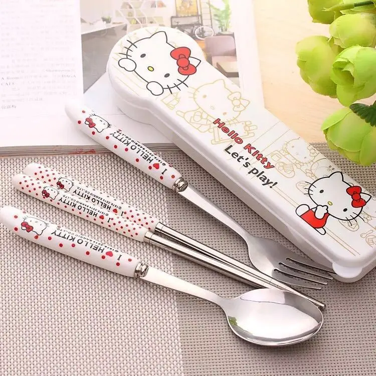 

Takara Tomy Hellokitty Chopsticks Spoon Fork Three Sets of Children's Portable Stainless Steel Travel Cutlery Set