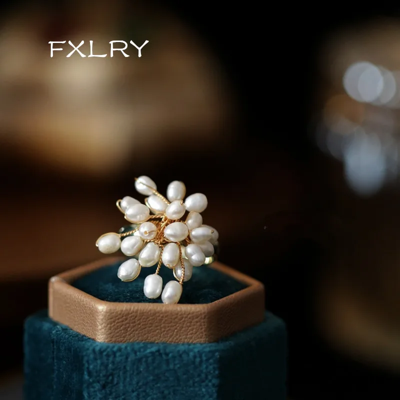 

FXLRY Original Handmade Natural Fashion Vintage Freshwater Pearl Open Ring Adjustable Flower Ring For Women