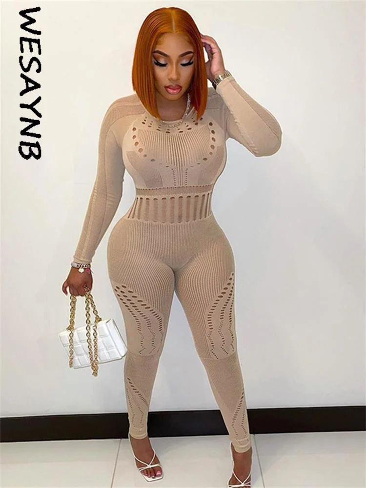 

Sexy Mesh Jumpsuits Women Hollow Out Clubwear Long Sleeve Bodycon Blue See Though One Piece Outfit Rompers Jumpsuits