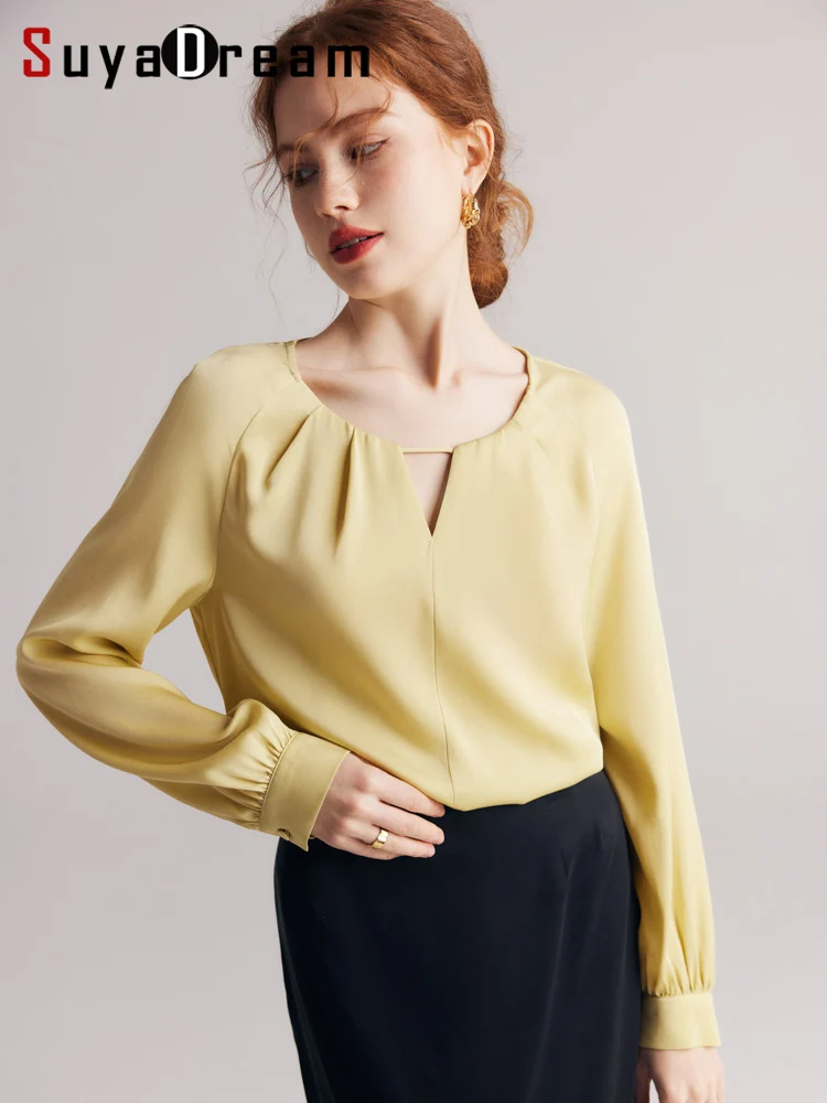 SuyaDream Women Chic Blouses 90%Silk 10%Spandex Round Collar Plain Shirts 2023 Spring Autumn Raglan Sleeves Top