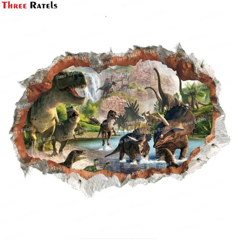 

3D Динозавры три Ratels K494, имитация трещин, отверстия, наклейки, самоклеящиеся наклейки, наклейки на стену, роспись, декор для гостиной