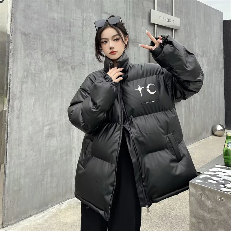 Winter Oversized Leather Warm Parka High Street Black Stand Collar Long Sleeve Vintage Jacket Women Harajuku Fashion Coat 2022