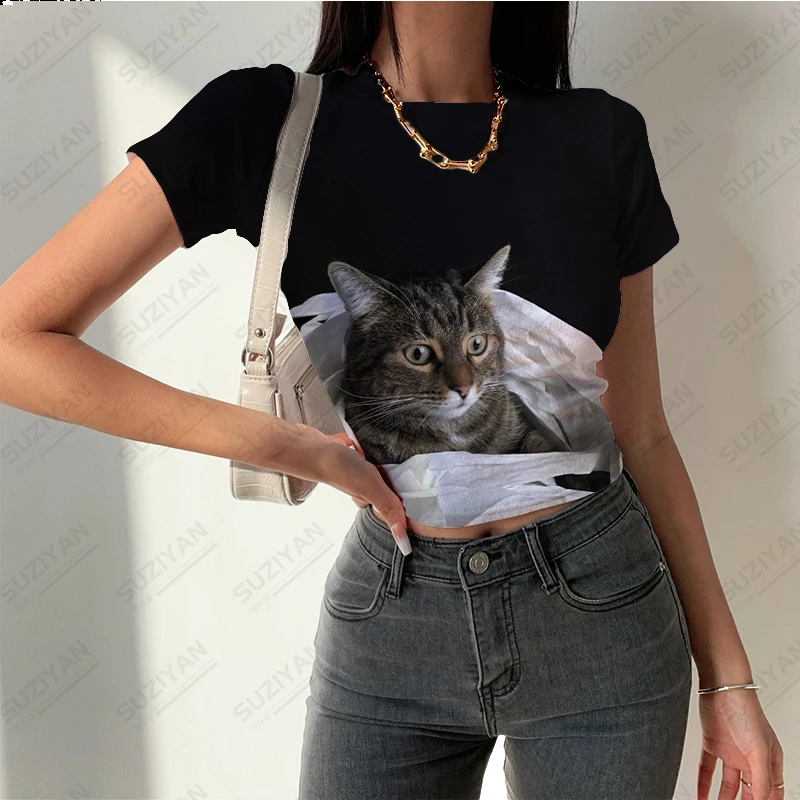 

2023 Women's Summer New Fashion Short Top 3D Printing Cute Animal Cat Short Sleeve T-shirt Women's Round Neck Pullover Sexy Top