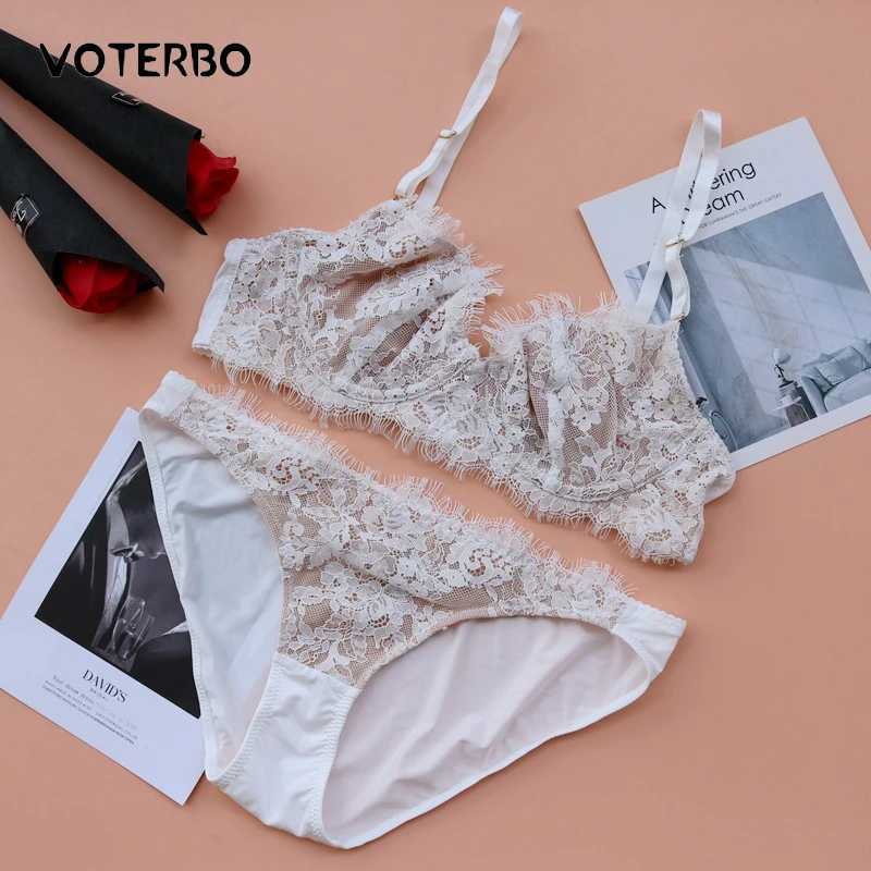 

Sexy Lace Lingerie Woman 2 pieces Bra Set Embroidery Push Up Brassiere Exotic Eyelash Bra and Panty Set Female Secret Underwear