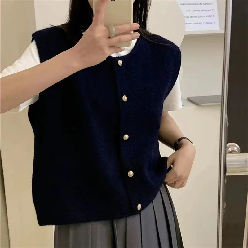 Однотонный вязаный жилет с круглым вырезом Осенний новый товар однобортный