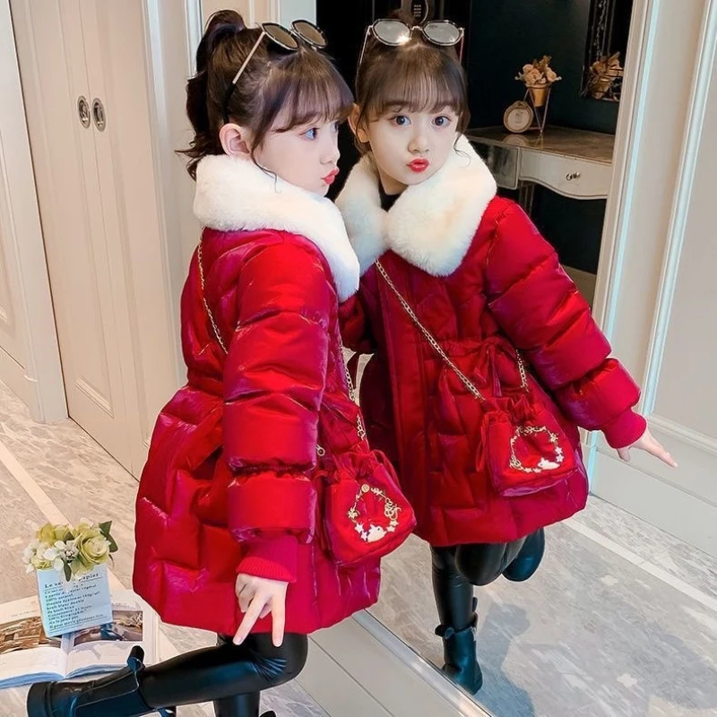 

Girls Big red Cotton Clothing Winter 2022 New Child Jacket Thickening Outerwear Kid Coats Christmas Festive Parkas -30 Degrees