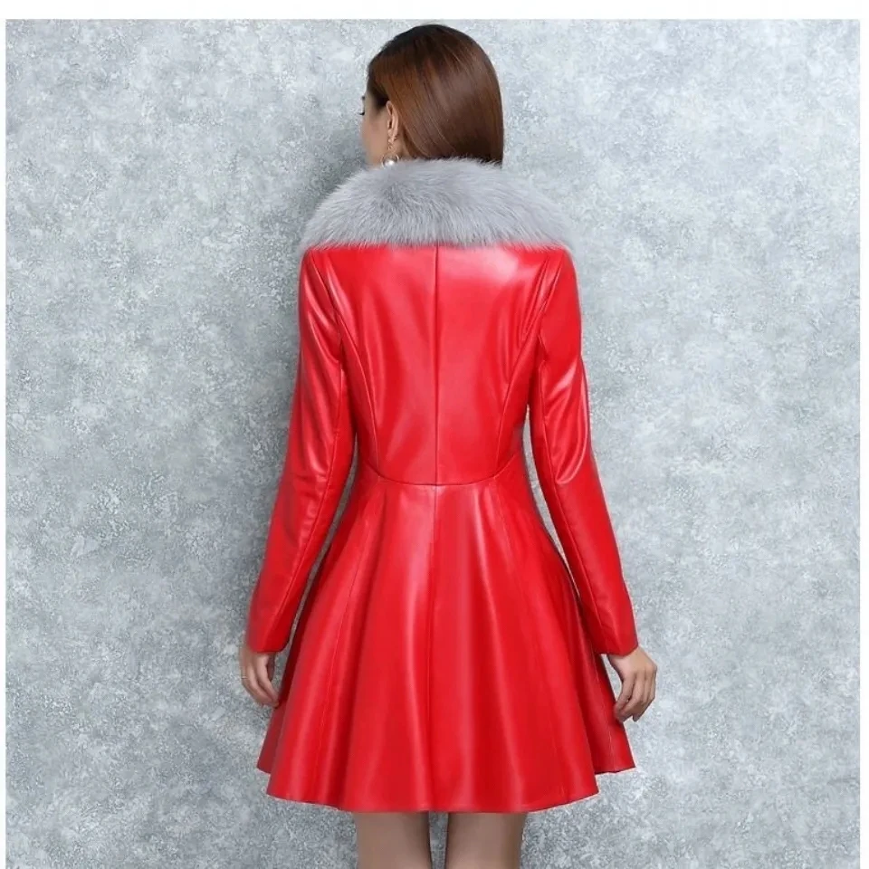 Luxury red black windbreaker leather fur collar coat woman oversize leather jacket 2022 new brand casual plush outwears enlarge