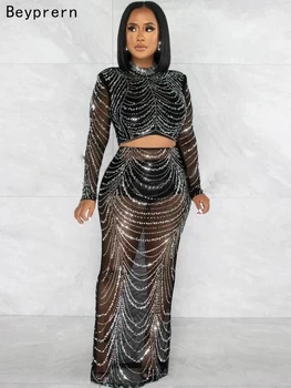Beyprern Sparkle Black Rhinestones Mesh Sheer Crop Top & Maxi Skirt Set Luxury Woman Evening Party Dress Celebrities Outfits 1